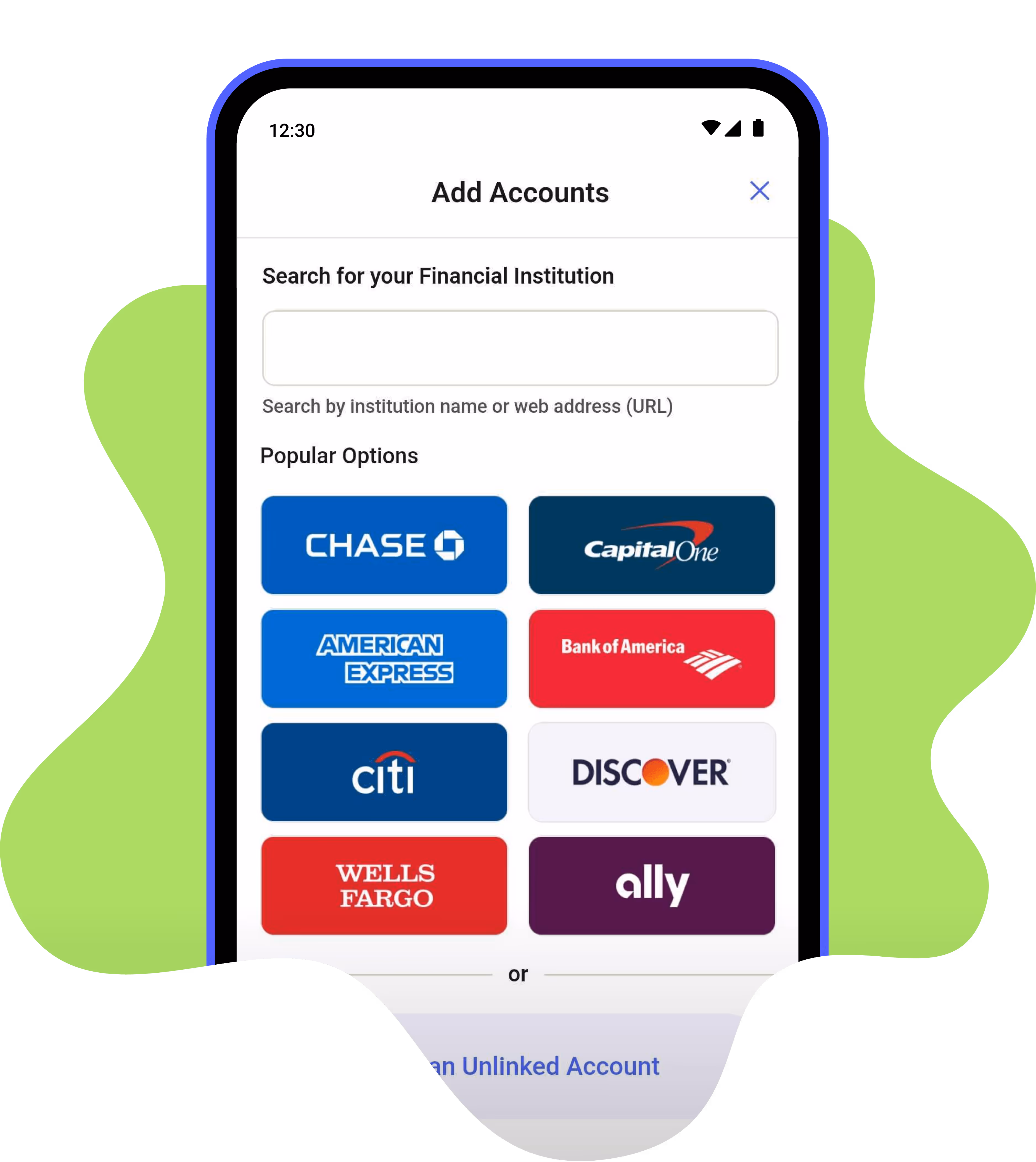 The bank institution selection screen in the YNAB app